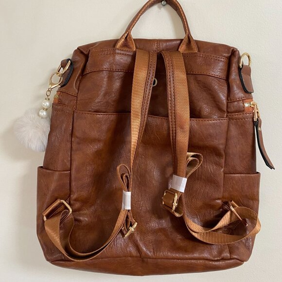 Brown Faux Leather Backpack With Gold Accents Multiple Zipper Pockets Adjustable - Picture 5 of 8